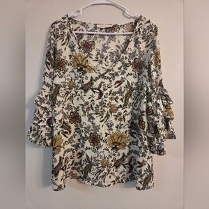 Floral Ruffle Sleeve Women's Top By Solitaire